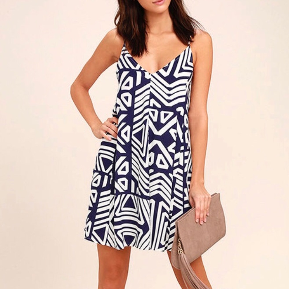 TURN OF PHRASE BLUE AND WHITE PRINT SWING DRESS